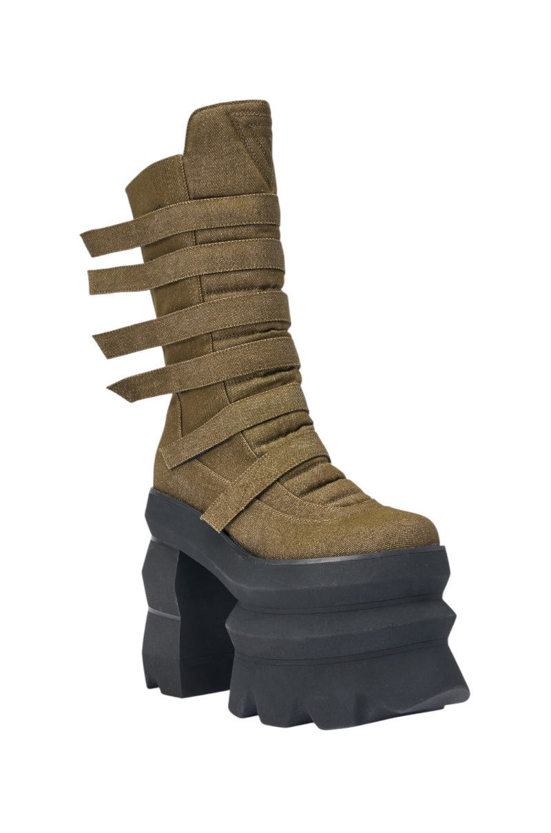 AKIRA GOLD MENACING OLIVE BLOCK PLATFORM BOOTIE