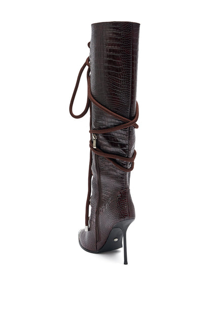 AKIRA GOLD PANTOUM CHOCOLATE CROC STILETTO BOOT
