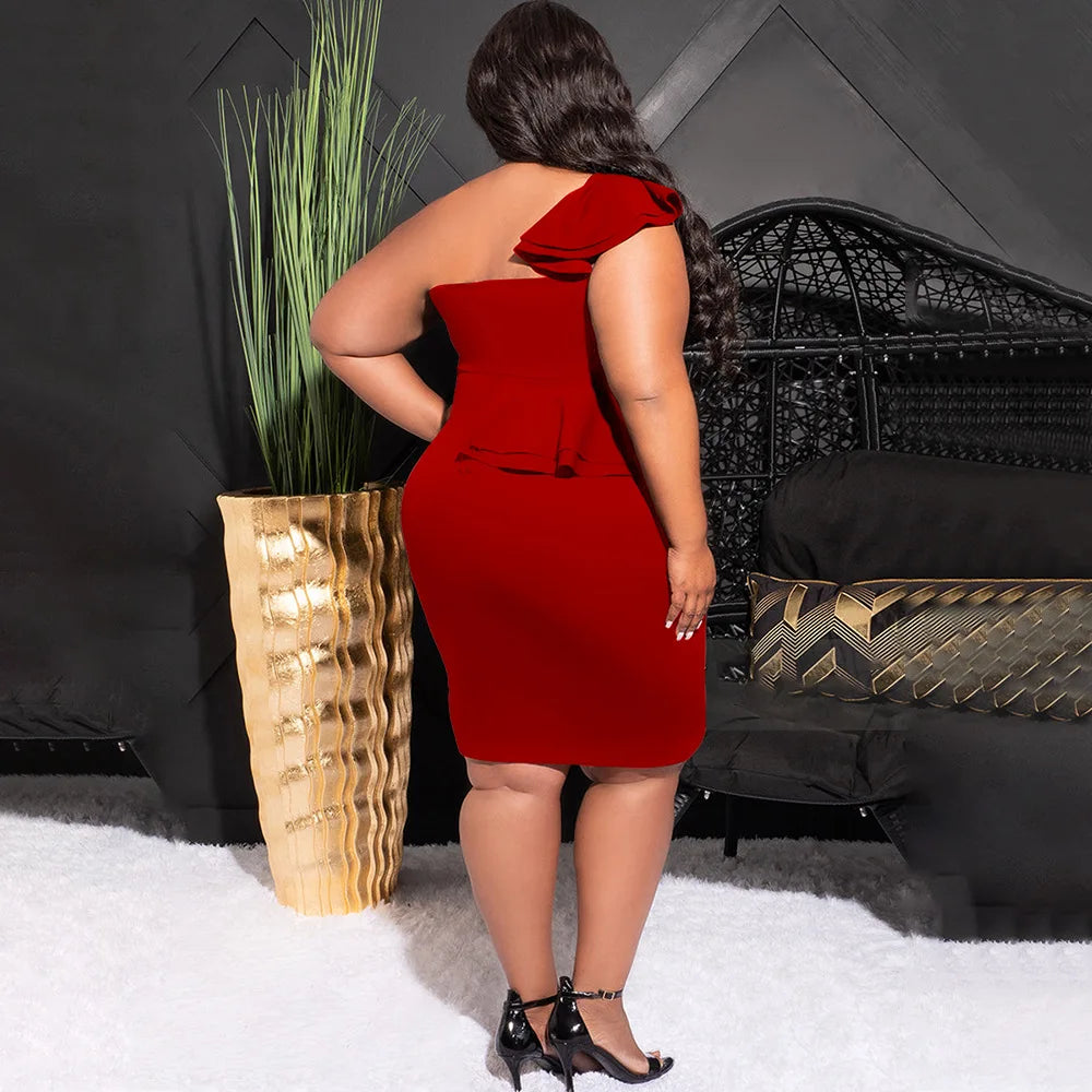 CM.YAYA Plus Size Women Ruffles Shoulder Sleeveless Bodycon Midi Dress 2023 Fashion INS Curve Sexy Party Club Dresses Vestidos