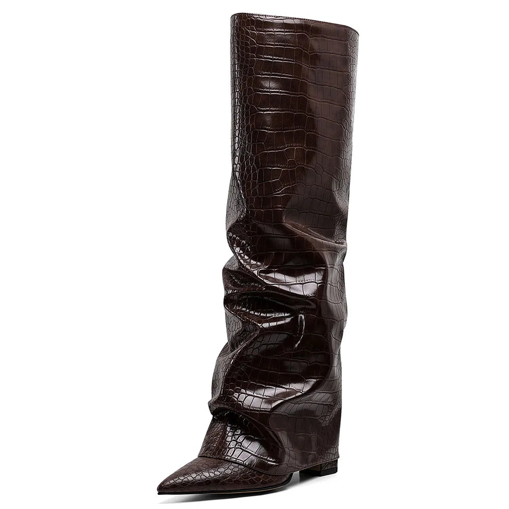 GIGIFOX Knee High Fashion Women Fold Over Boots Pleated Block High Heel Pointed Toe Shoes All-Match Street Snap Boots For Woman