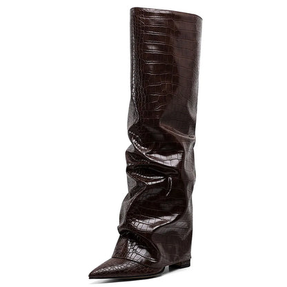 GIGIFOX Knee High Fashion Women Fold Over Boots Pleated Block High Heel Pointed Toe Shoes All-Match Street Snap Boots For Woman