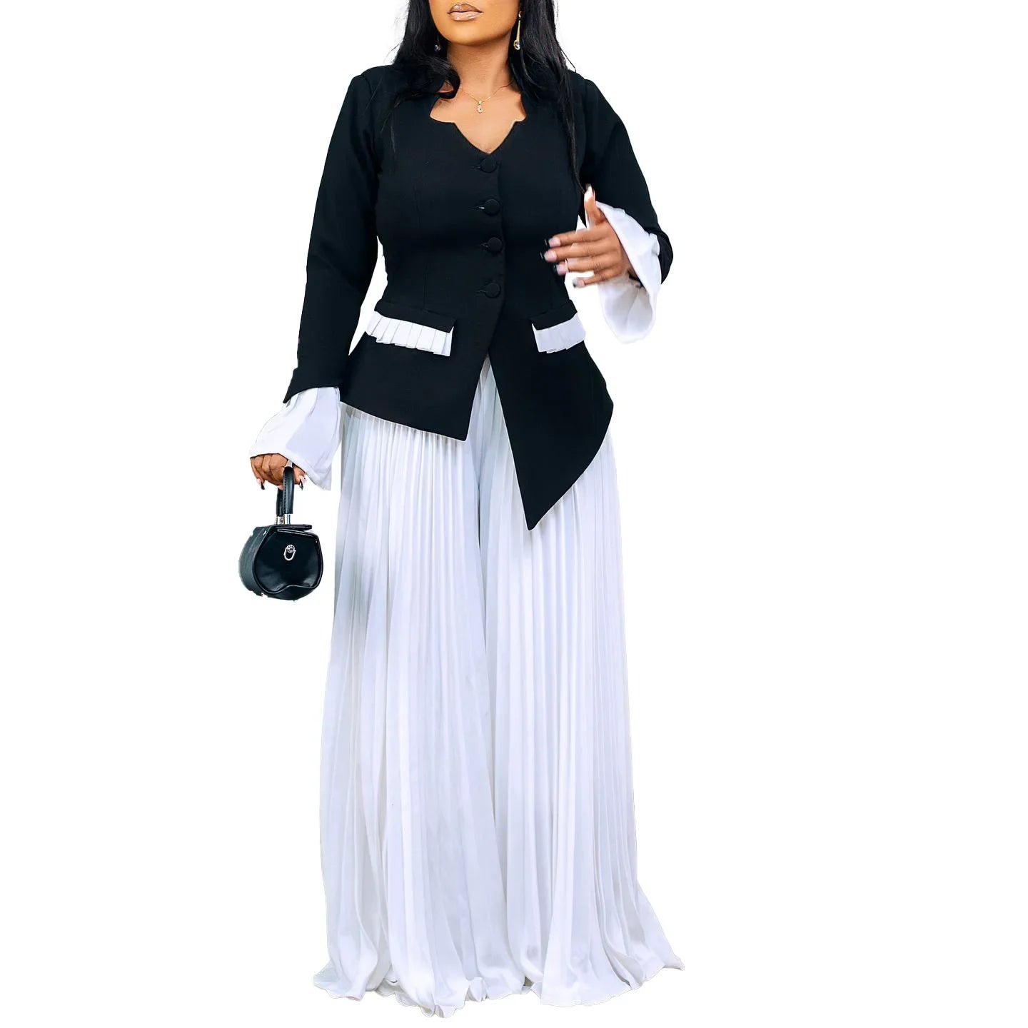 CM.YAYA Women's Set Full Flare Sleeve Button Blazer Shirt + Pleated Long Pants Suit Streetwear Two 2 Piece Set Africa OL Outfits