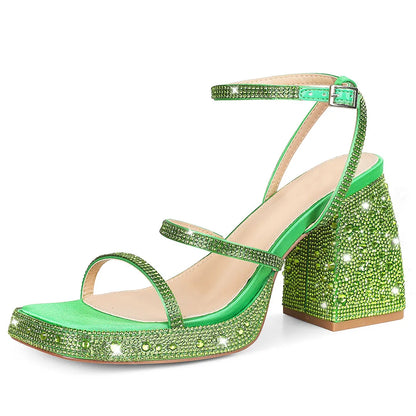GIGIFOX Shiny Crystals Women Sandals Platform Chunky High Heel Ankle Strap Buckle Strap Shoes Sexy Elegant Dress Party Sandals