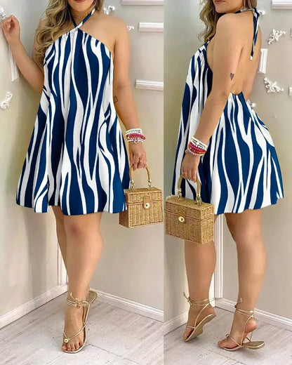 Floral Print Halter Neck Dress Boho Backless Halter Dress For Spring  Summer Women's Clothing