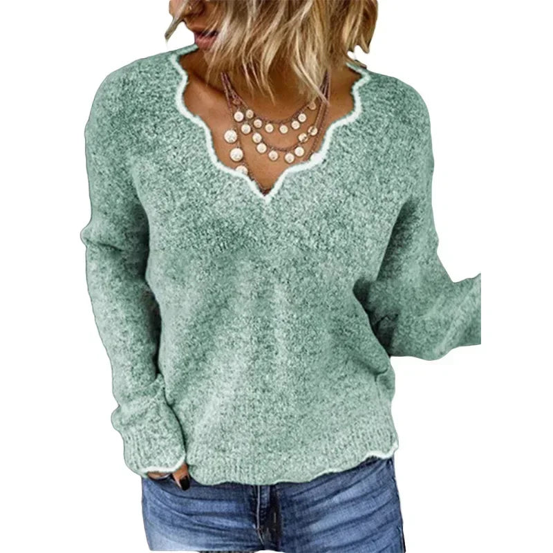 ALLUKASA 2025  Autumn Winter Women's Solid Color Long Sleeved V-neck Knitted Cute Pullover Sweater Loose