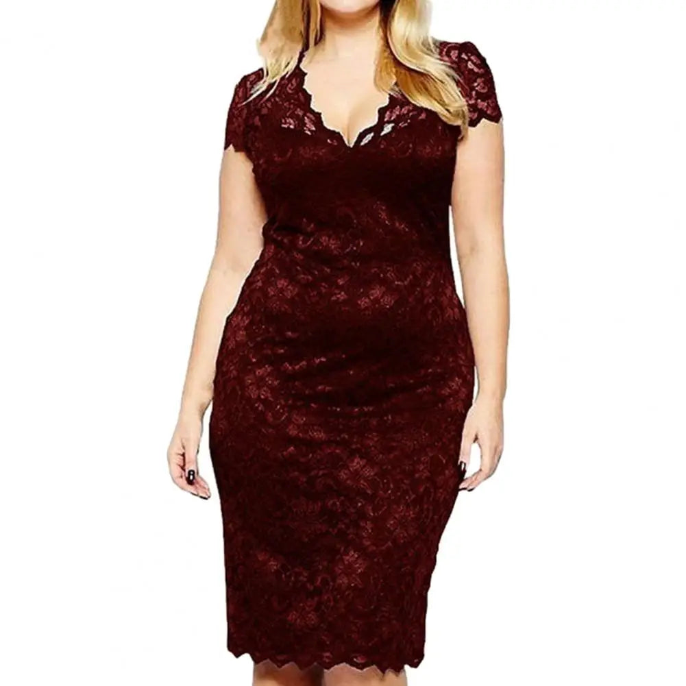 Summer Women See-through Lace Patchwork Mini Dress V-Neck Short Sleeve Slim Fit Plus Size Party Dress Female Clothing
