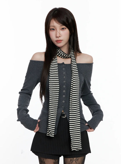 Buttoned Off-Shoulder Long Sleeve Cardigan CO520
