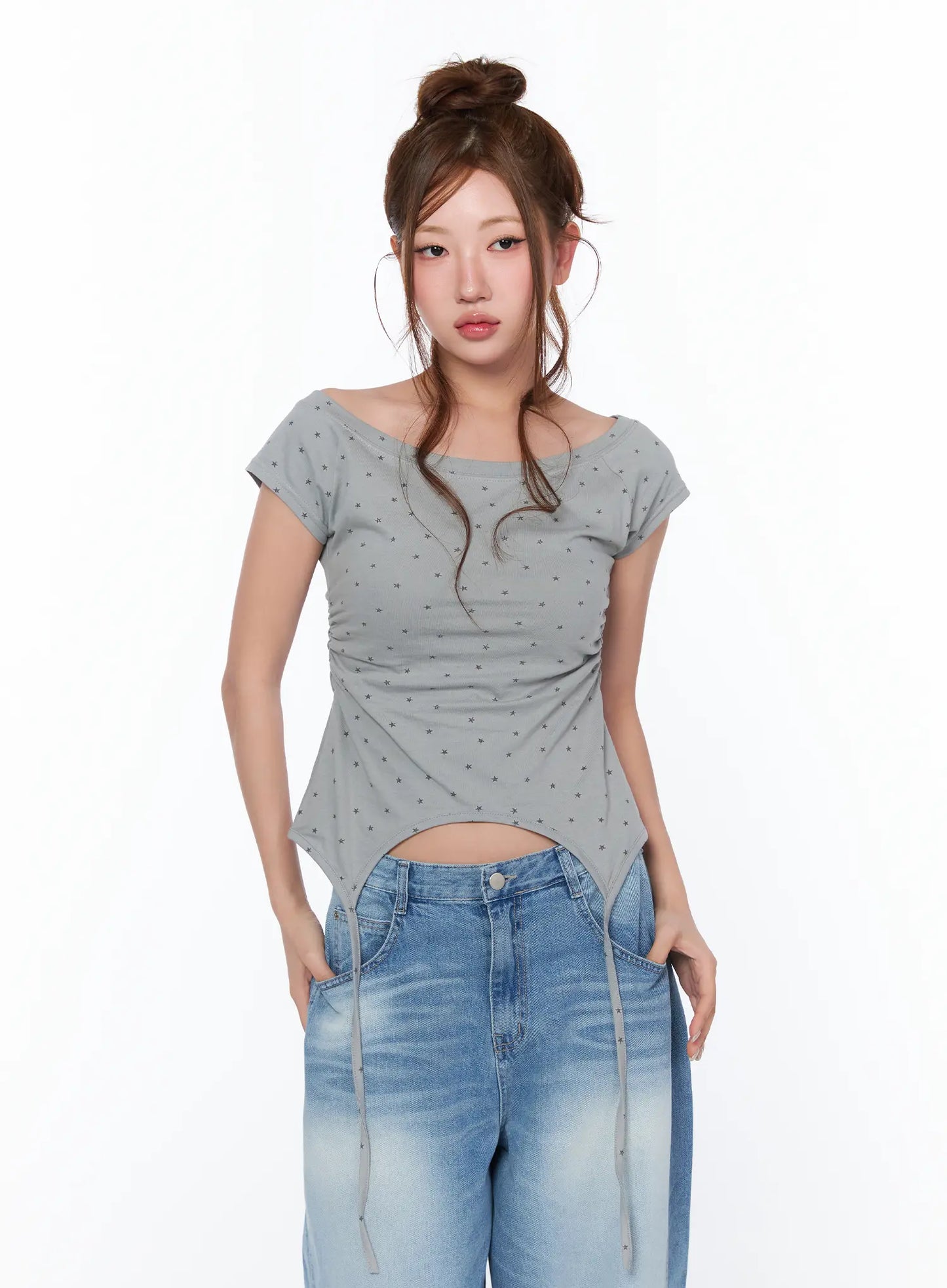 Boat Neck Star Print String Top CA514
