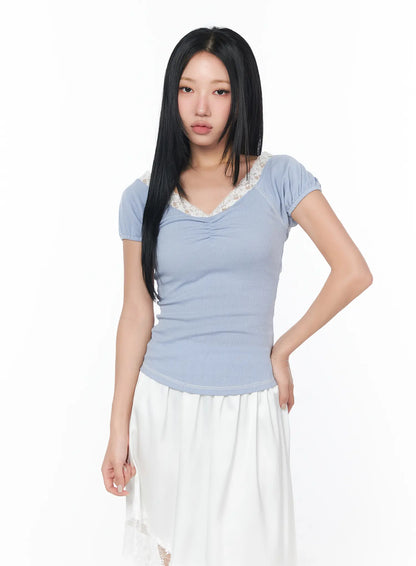 Chic Lace-Trimmed Shirred Tee CY512