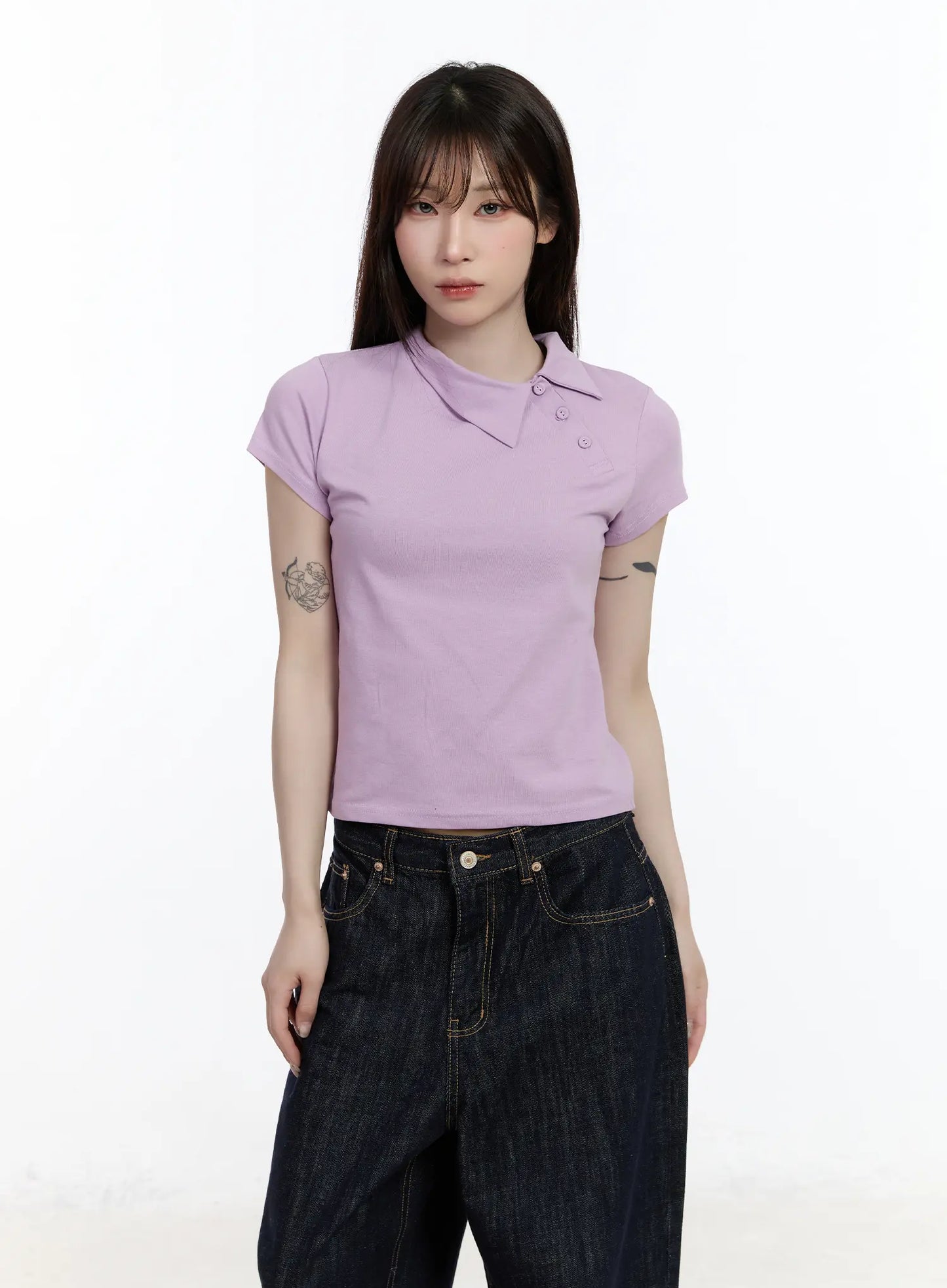 Asymmetrical Collar Short Sleeve Top CA501