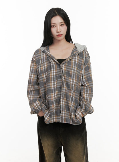Buttoned Check Hooded Blouse CD410