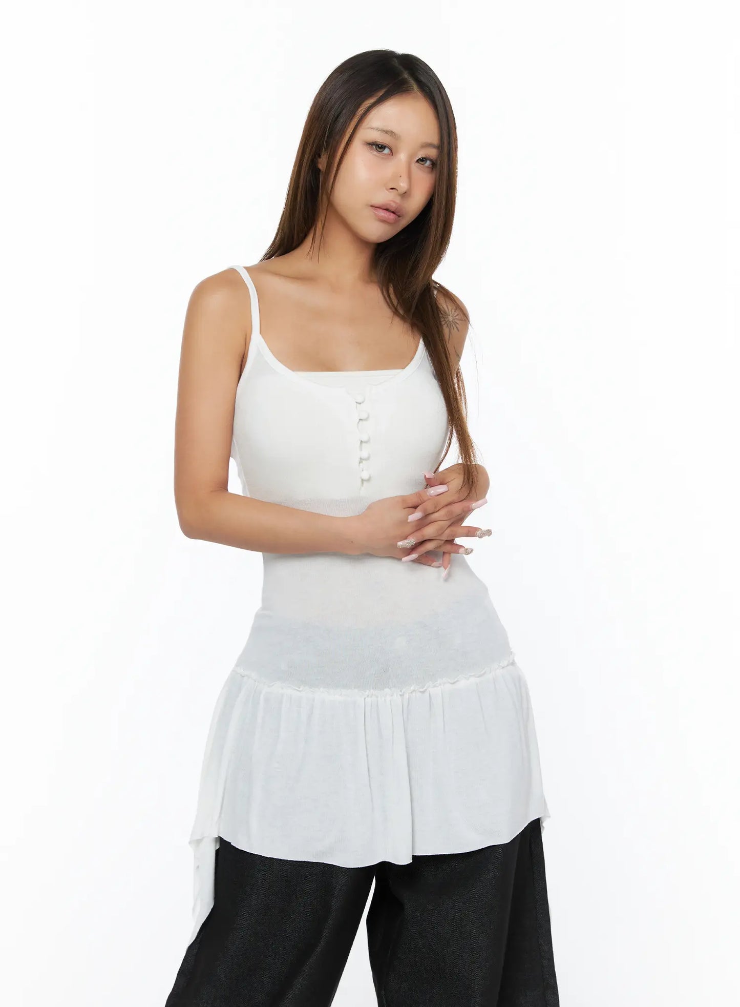 Asymmetrical Sheer Ruffle Tank Top CA516
