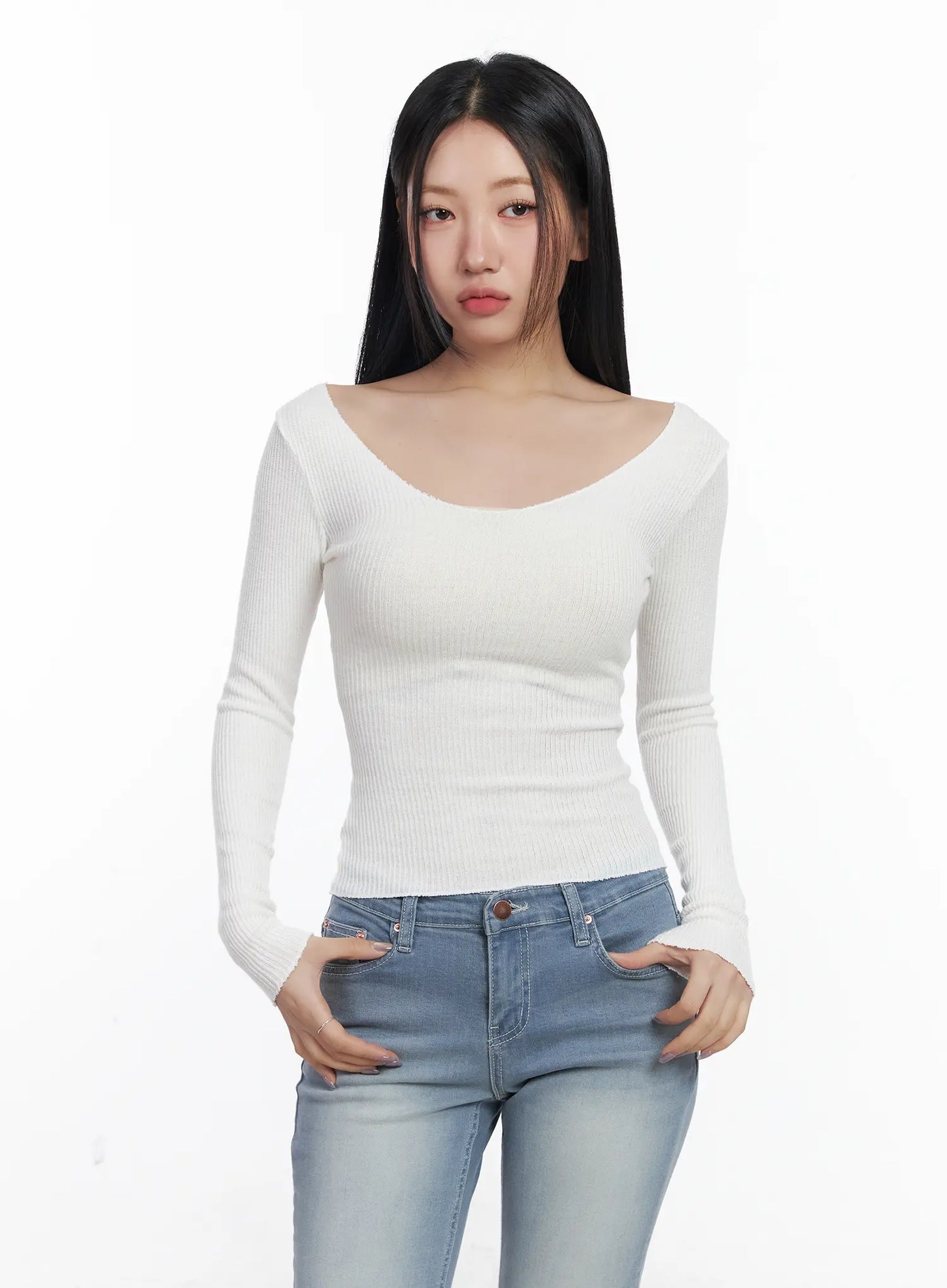 Basic V-Neck Ribbed Long Sleeve Top CF503