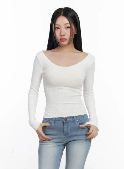 Basic V-Neck Ribbed Long Sleeve Top CF503