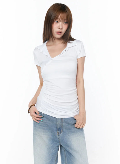 Asymmetrical Snap Collar Shirred Tee CY529