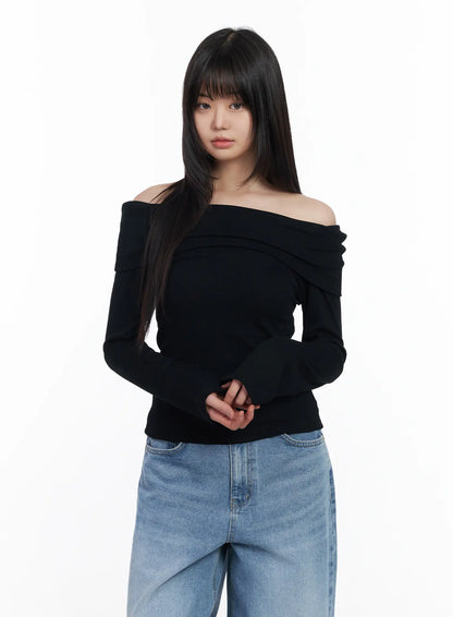 Basic Off-Shoulder Ribbed Long Sleeve Top CM512