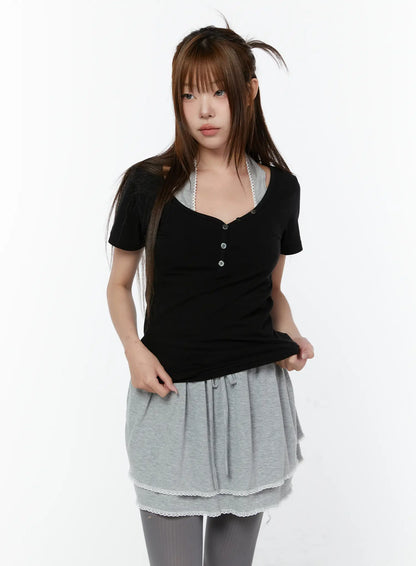 Basic Heart Neck Button Top CY519