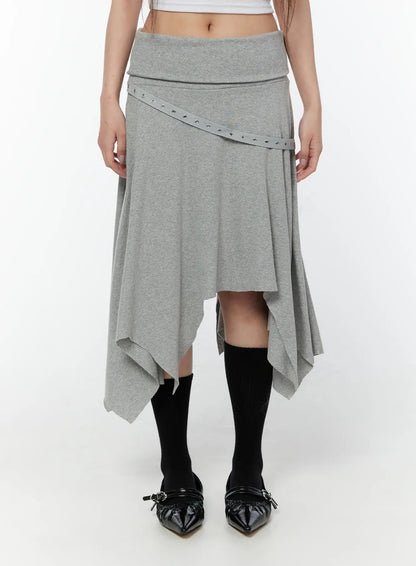 Asymmetric Hem Belted Midi Skirt CY518