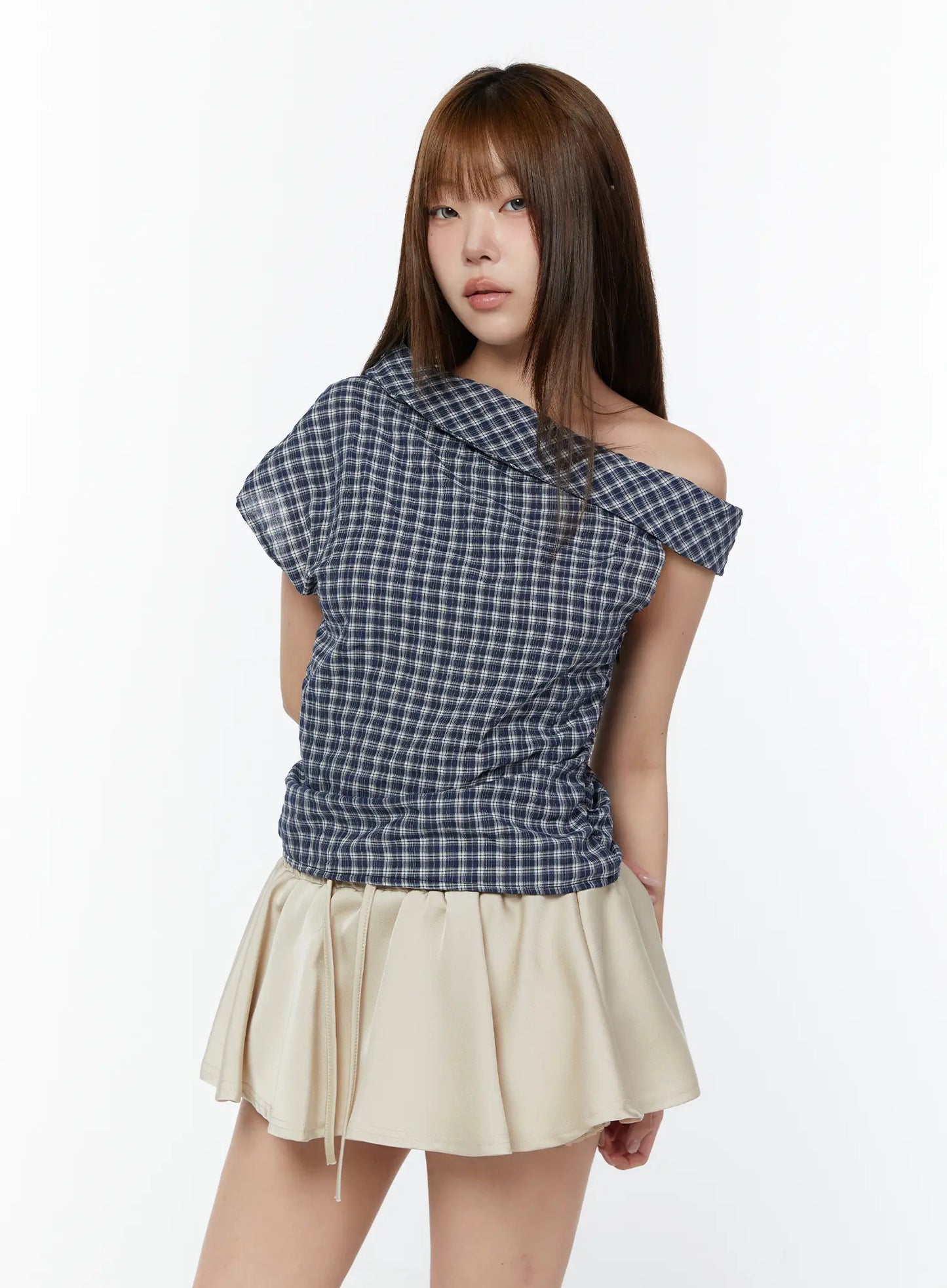 Asymmetric Ruched Plaid Blouse CY519