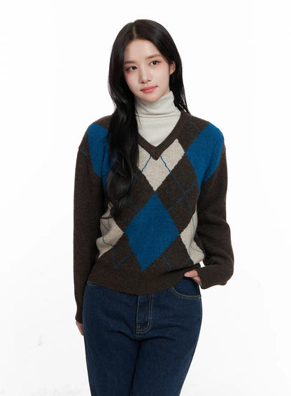 Casual Argyle Long Sleeve Knit CO522