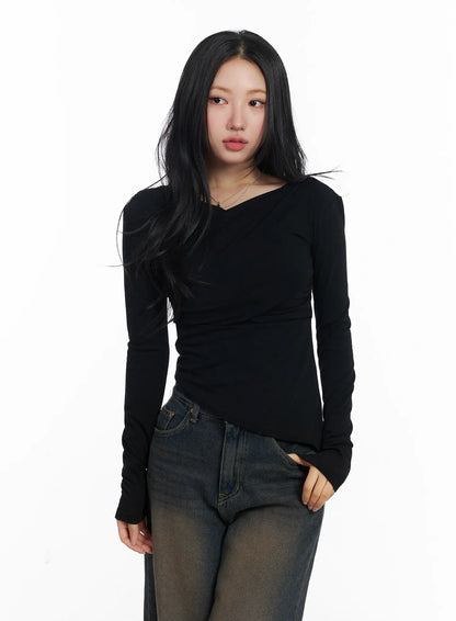 Asymmetric Ruched Long Sleeve Top CJ514