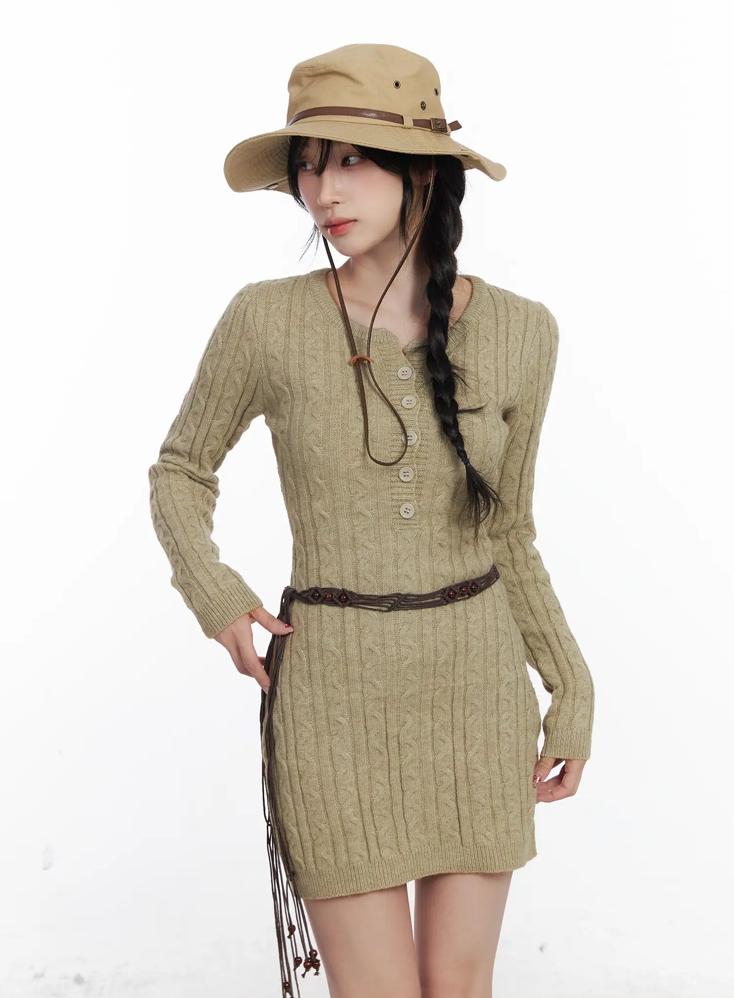 Cable Knit Button Sweater Mini Dress CJ526