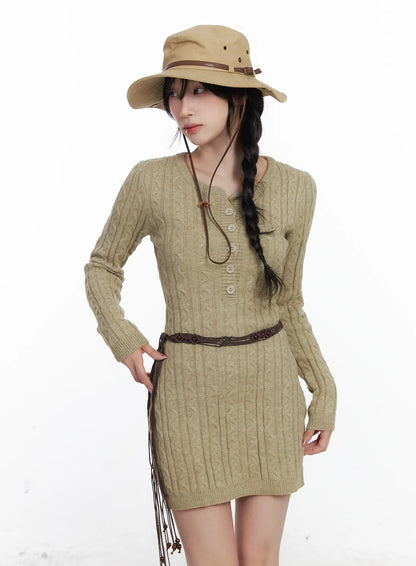 Cable Knit Button Sweater Mini Dress CJ526