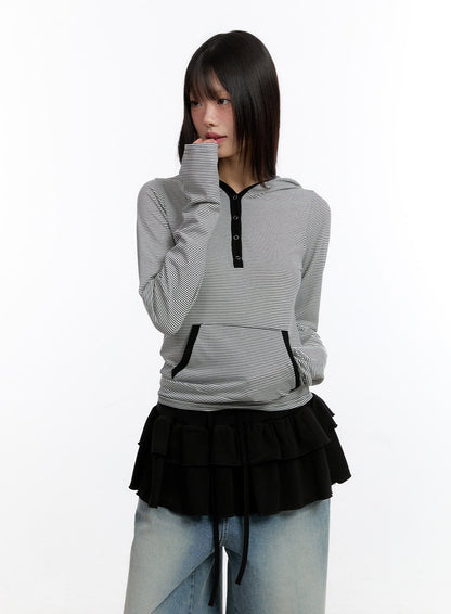 Button Stripe Hoodie Top CA508