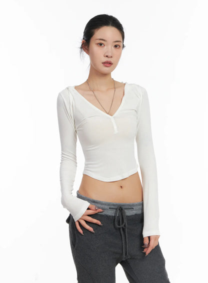 Buttoned Hooded Long Sleeve Crop Top CD509