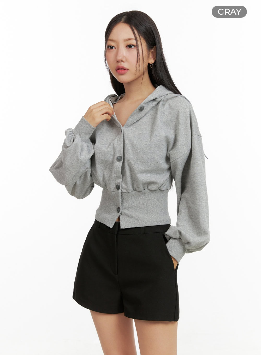 Buttoned Crop Sweat Hoodie OU411