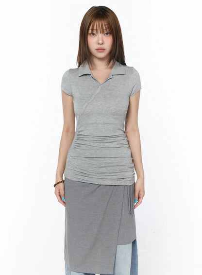 Asymmetrical Snap Collar Shirred Tee CY529