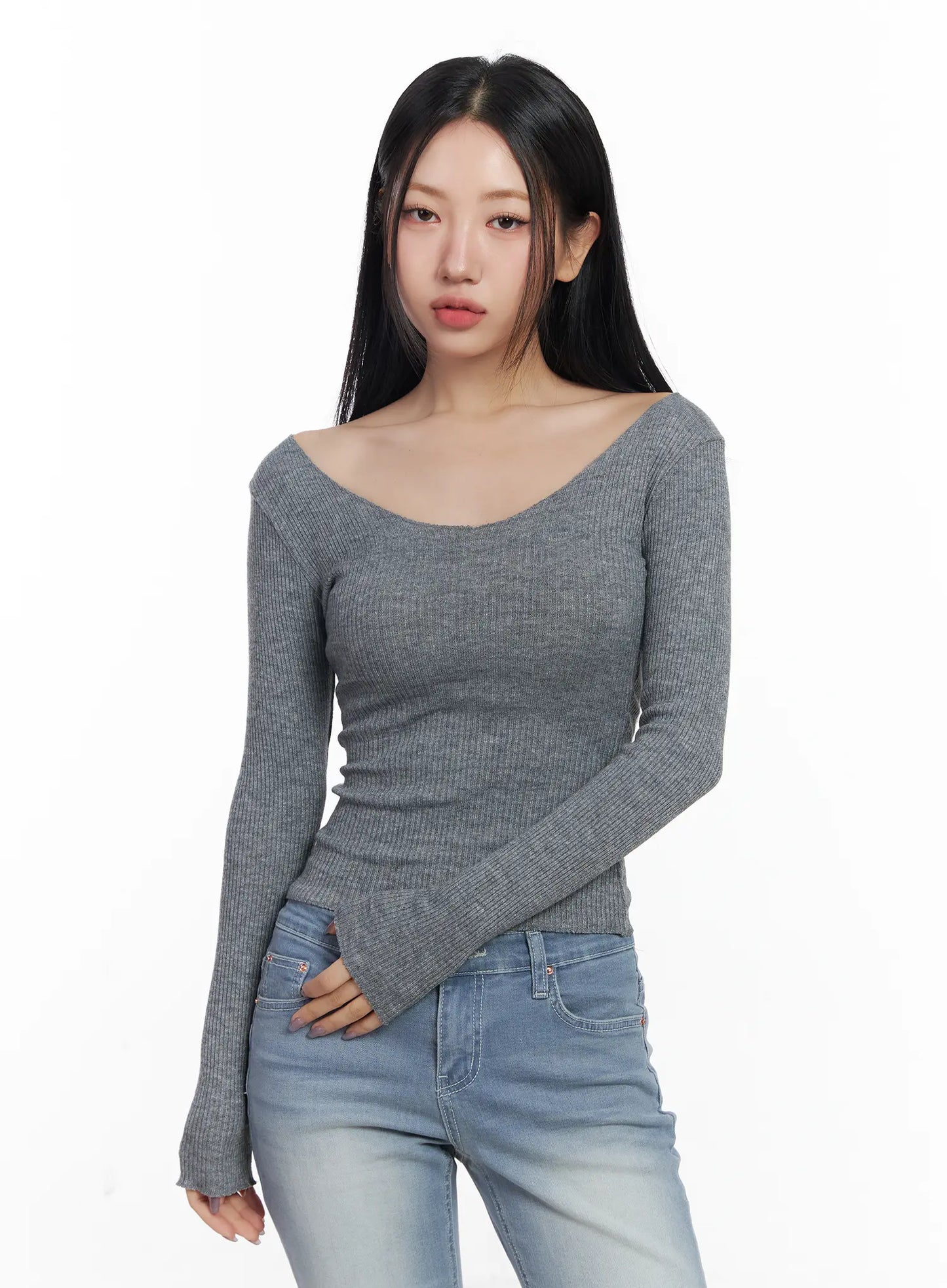 Basic V-Neck Ribbed Long Sleeve Top CF503