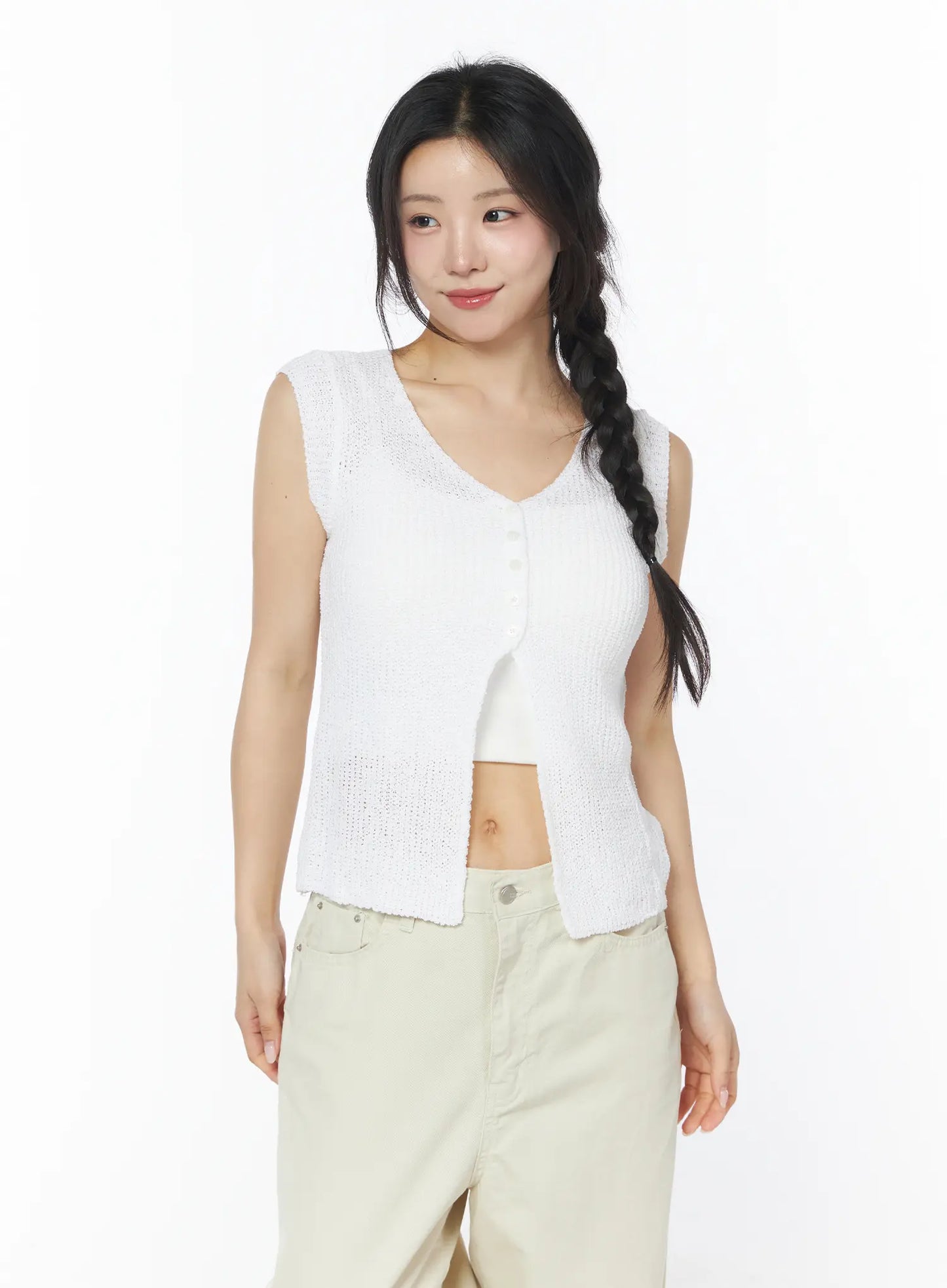 Button Knit Sleeveless Cardigan CY522