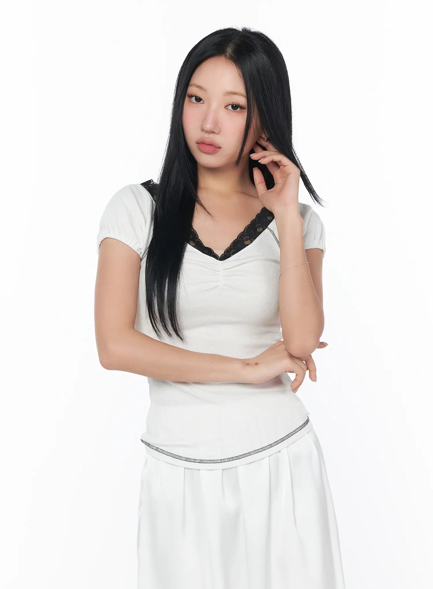 Chic Lace-Trimmed Shirred Tee CY512