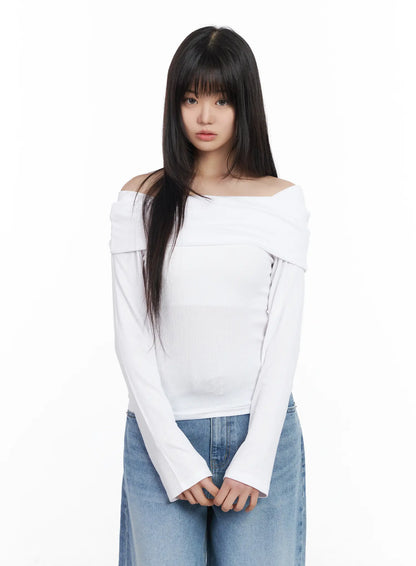 Basic Off-Shoulder Ribbed Long Sleeve Top CM512