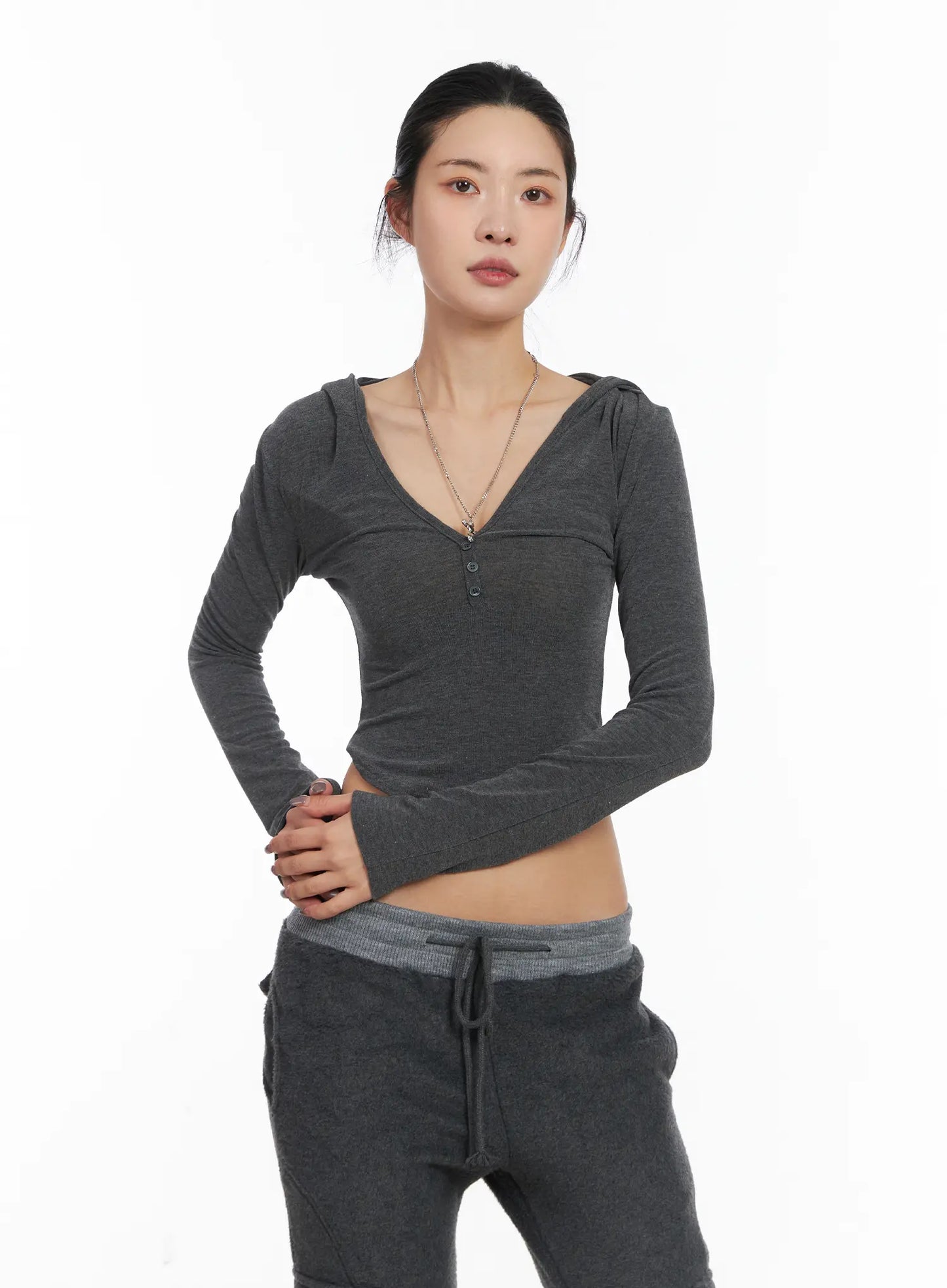 Buttoned Hooded Long Sleeve Crop Top CD509