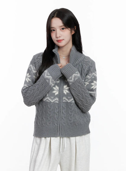 Cable Knit Funnel Neck Zip-Up Sweater CS523