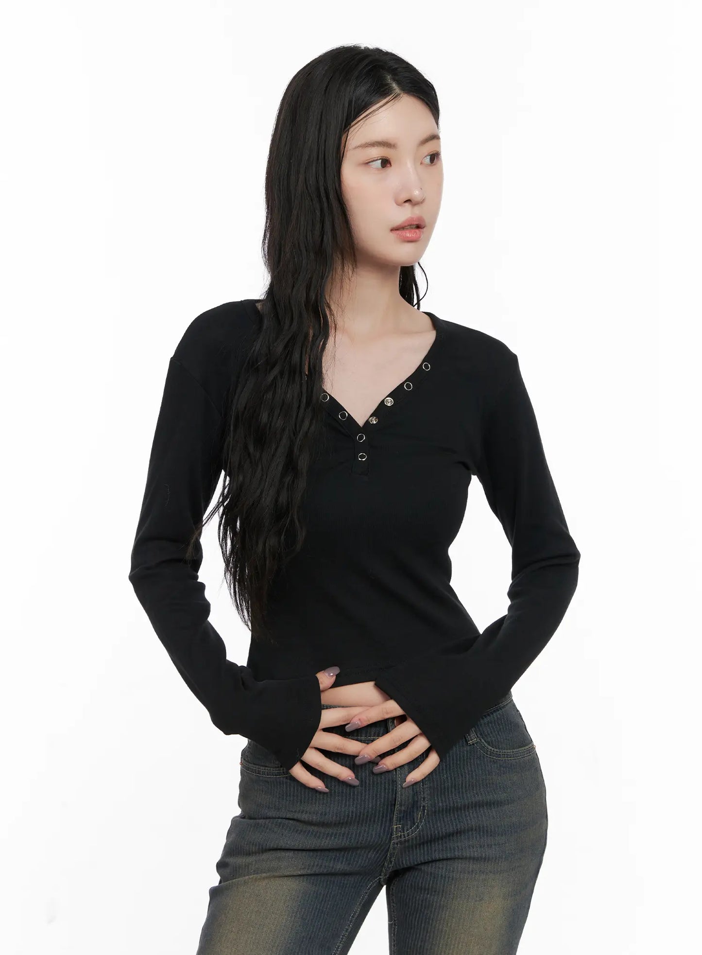 Casual V-Neck Crop Long Sleeve Shirt CN512
