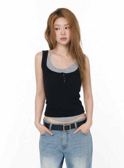 Button Detail Layered Sleeveless Top CY508