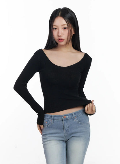 Basic V-Neck Ribbed Long Sleeve Top CF503