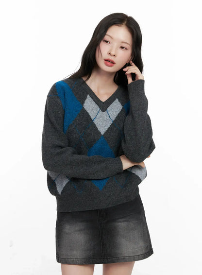 Casual Argyle Long Sleeve Knit CO522