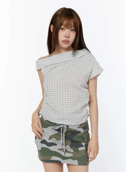 Asymmetric Ruched Plaid Blouse CY519