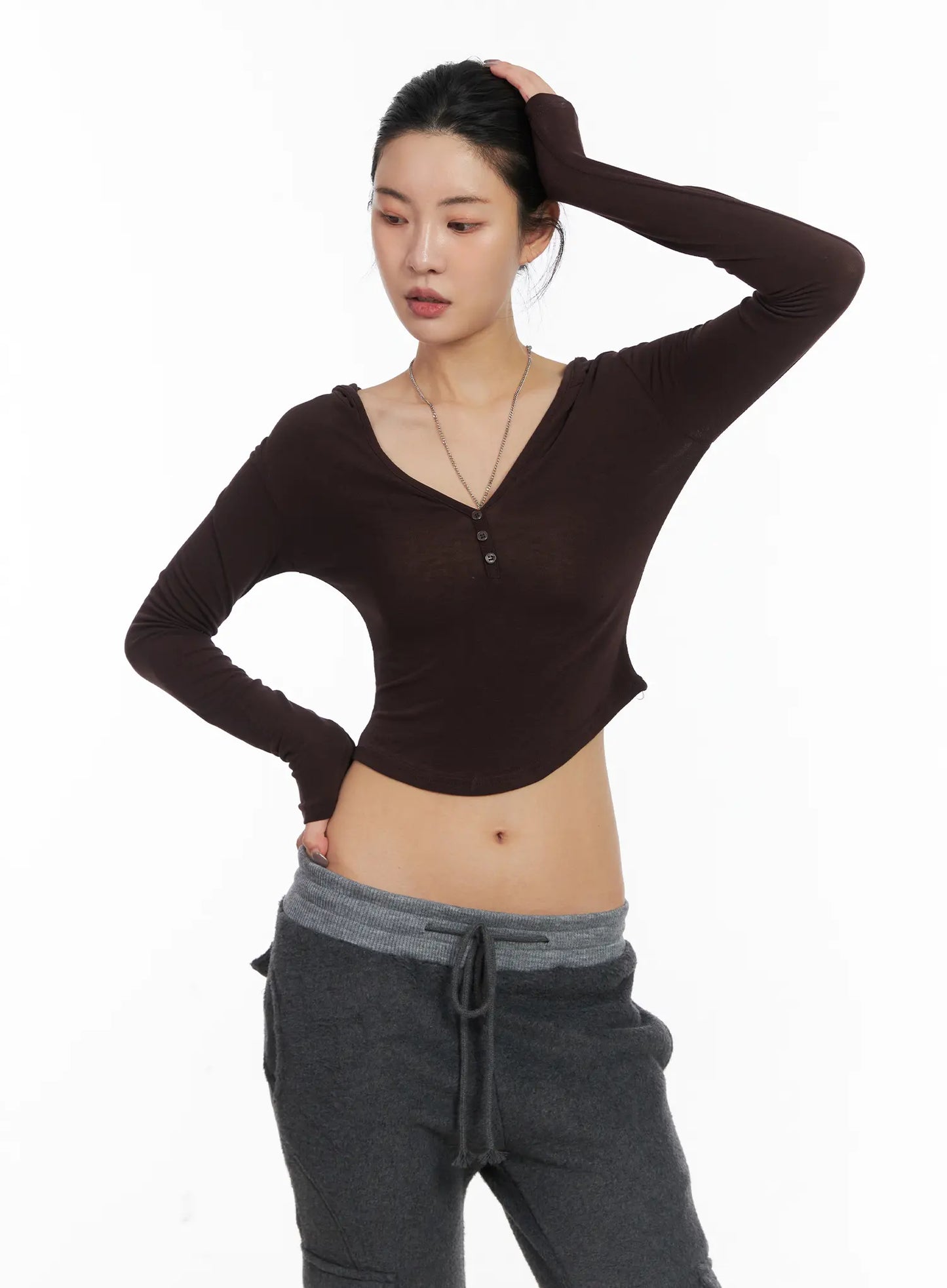 Buttoned Hooded Long Sleeve Crop Top CD509