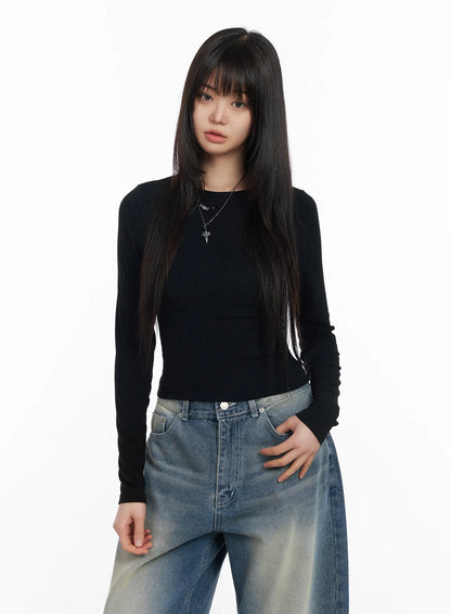 Basic Round Neck Crop Long Sleeve Tee CM512