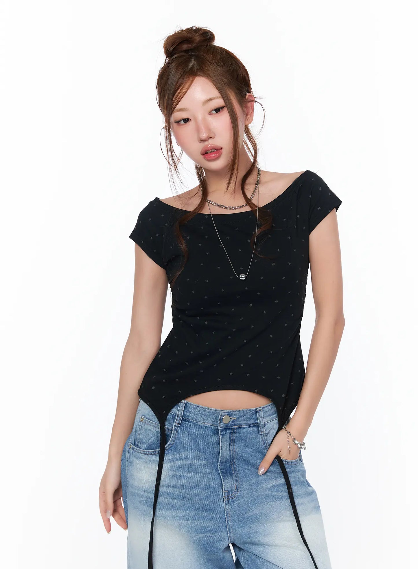 Boat Neck Star Print String Top CA514