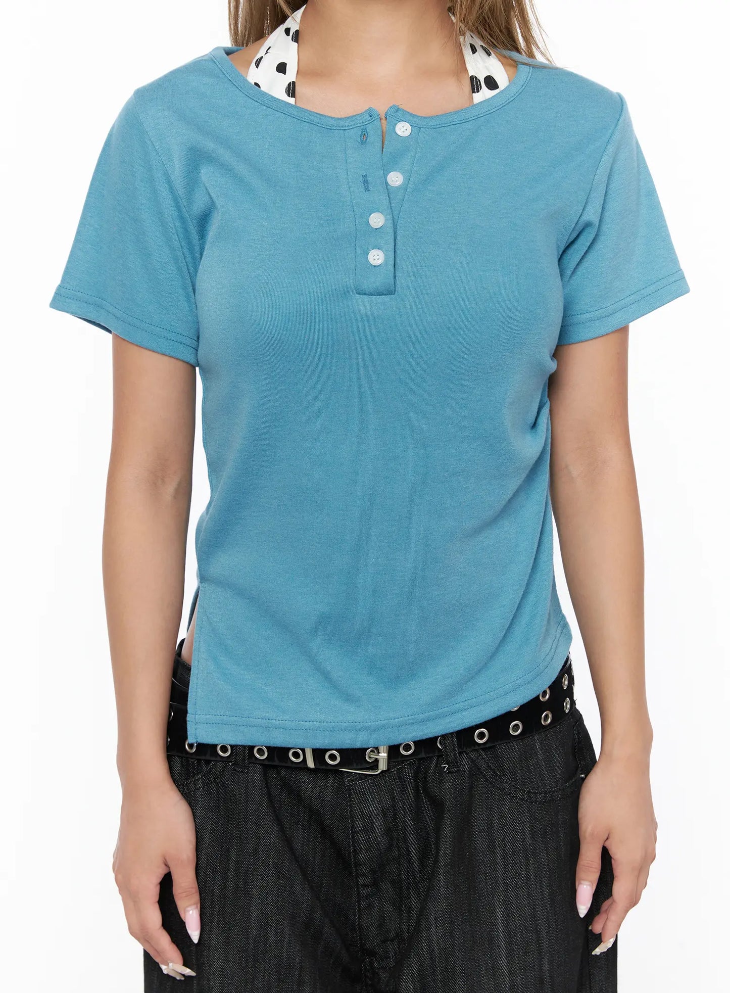 Asymmetric Button Short Sleeve Top CU524