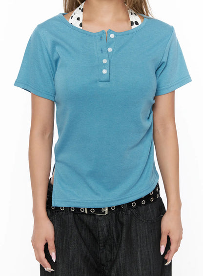 Asymmetric Button Short Sleeve Top CU524