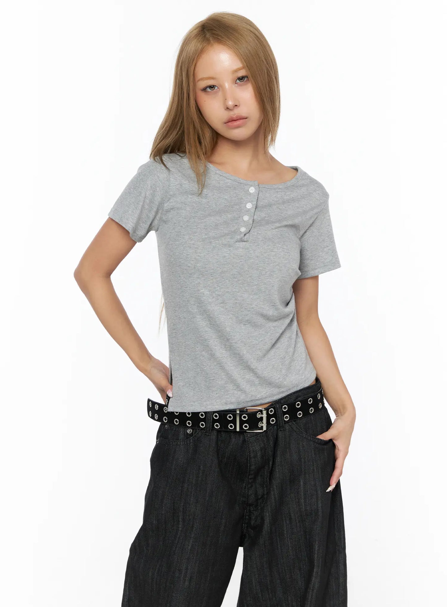 Asymmetric Button Short Sleeve Top CU524