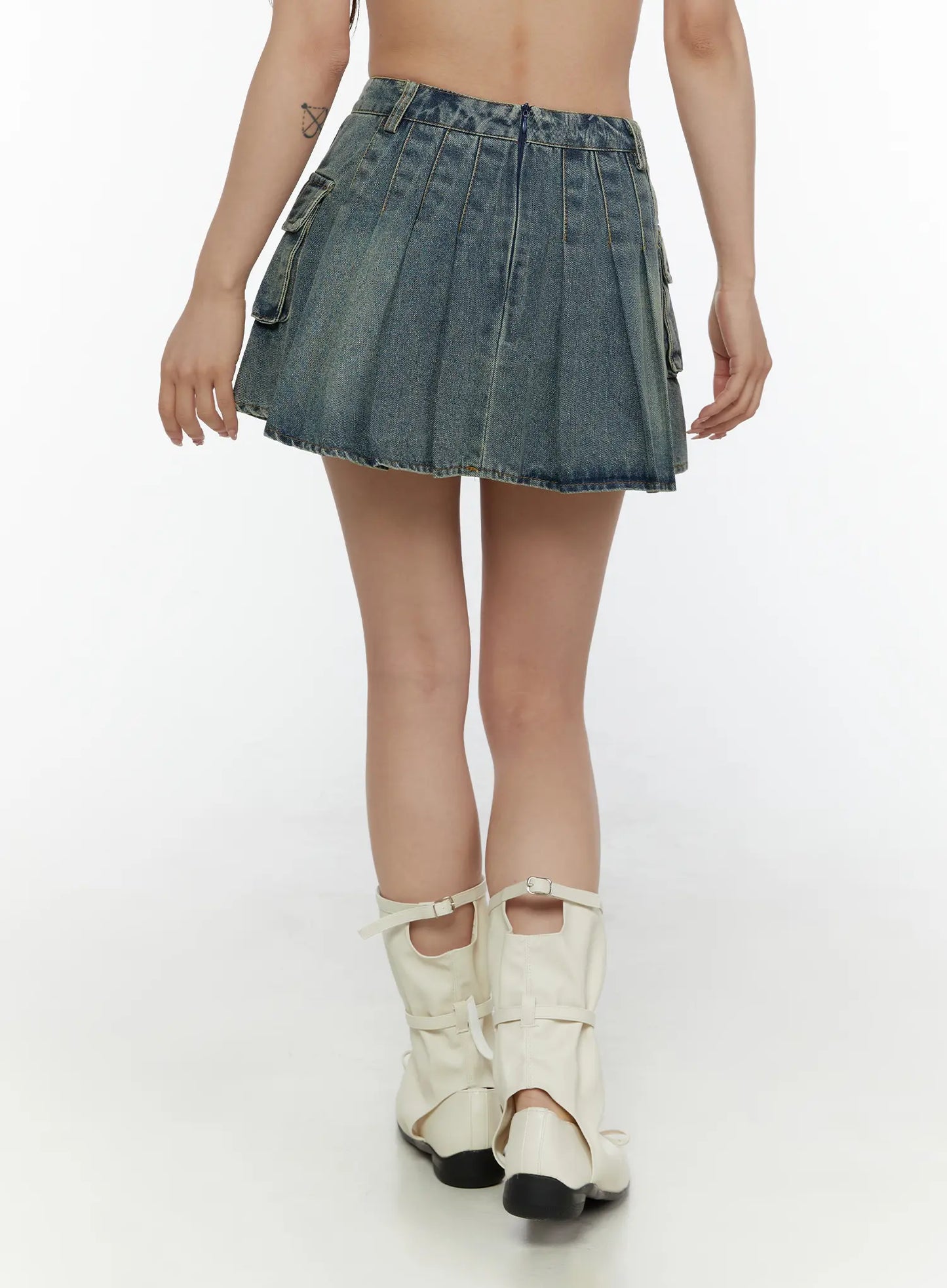 Cargo Pleated Vintage Wash Denim Skirt CL507