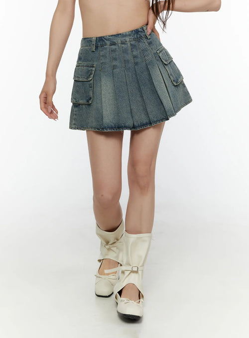 Cargo Pleated Vintage Wash Denim Skirt CL507